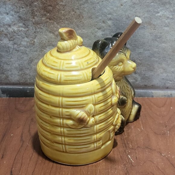 Vintage Beehive Bear Honey Pot With Lid Honey Wood Dipper Jar Server - Picture 6 of 13